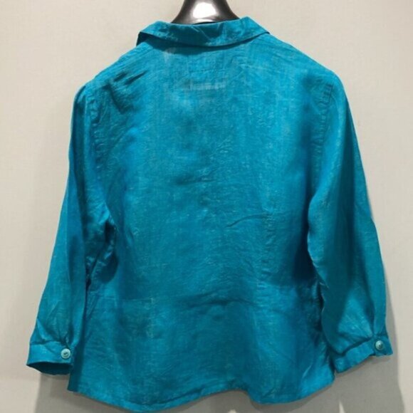 Flax Linen Long Sleeve Jacket Blue top - Picture 7 of 16